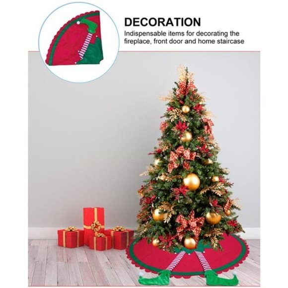 48" Big Elf Christmas Tree Skirt with Striped Legs and Ripple Trim Border, - Picture 6 of 8